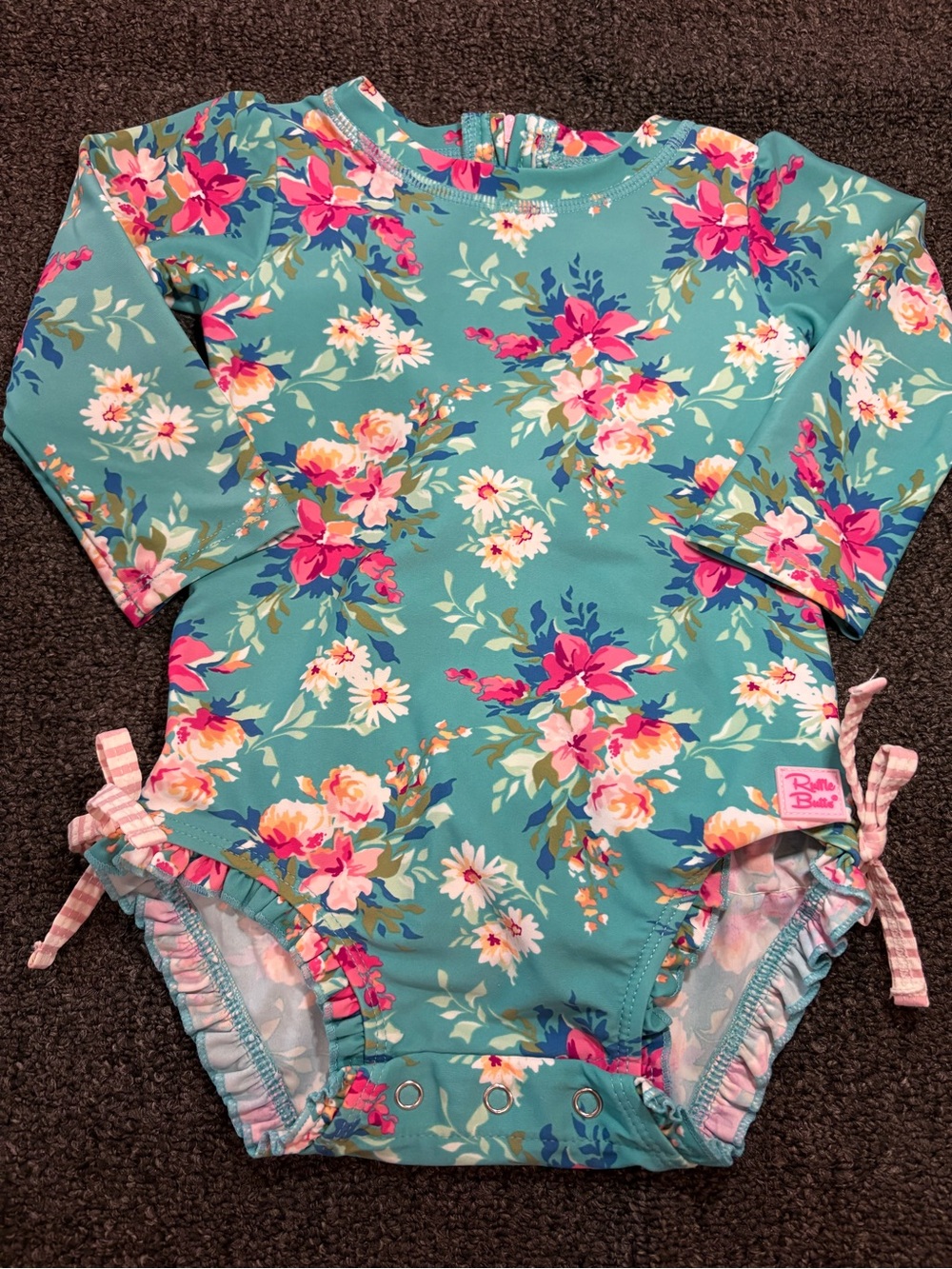 Ruffle Butts Teal Floral Long-Sleeve Rashguard One-Piece - Pink, White, Yellow